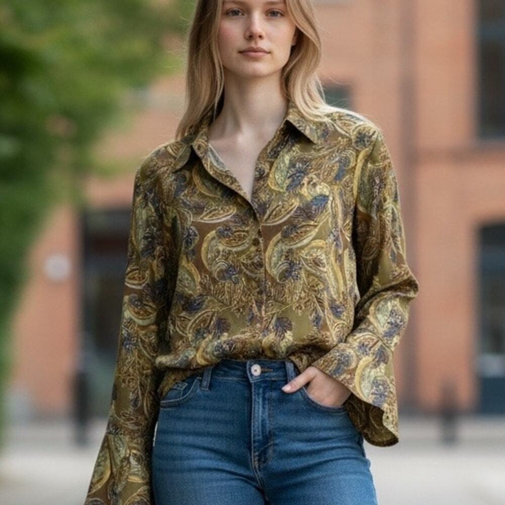 Free People Baroque Leaf and Paisley Print Sheer Blouse with Ruffle Sleeves